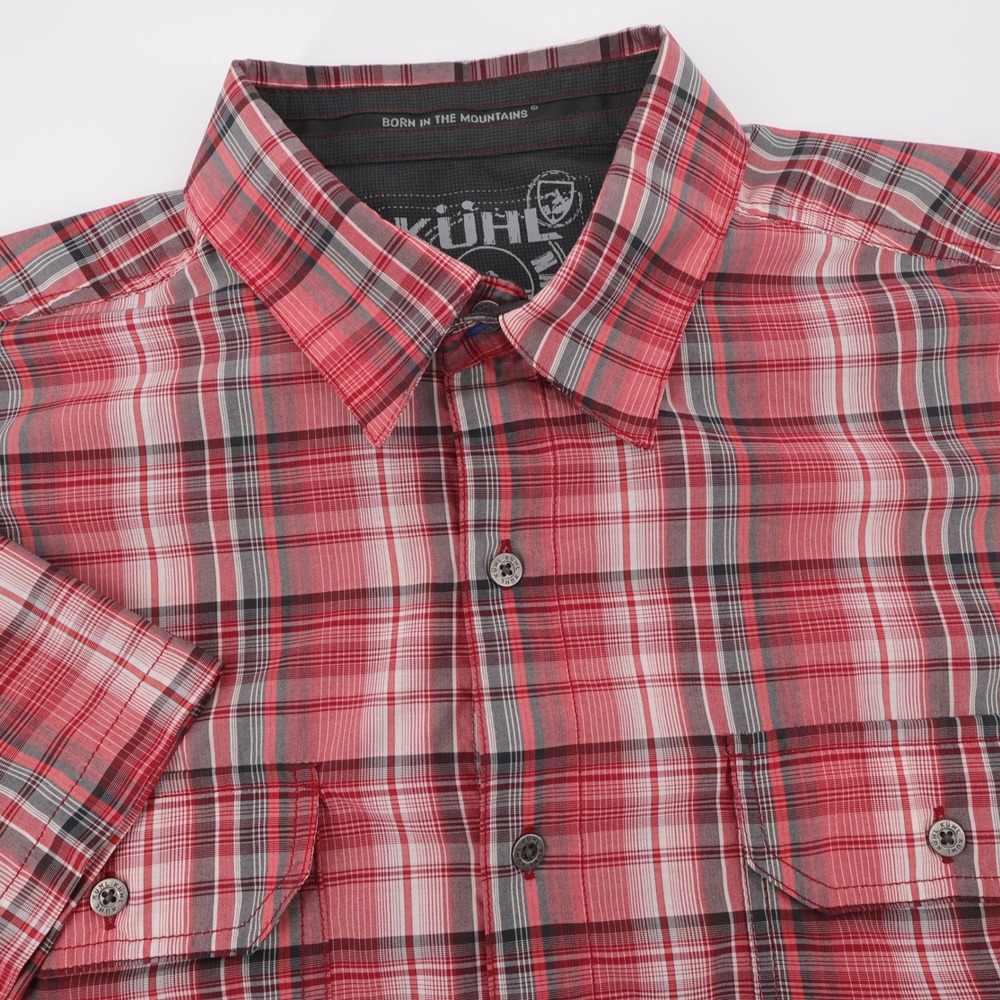 Kuhl Eluxor Performance Plaid Button Down Shirt Red Short Sleeve Mens Large